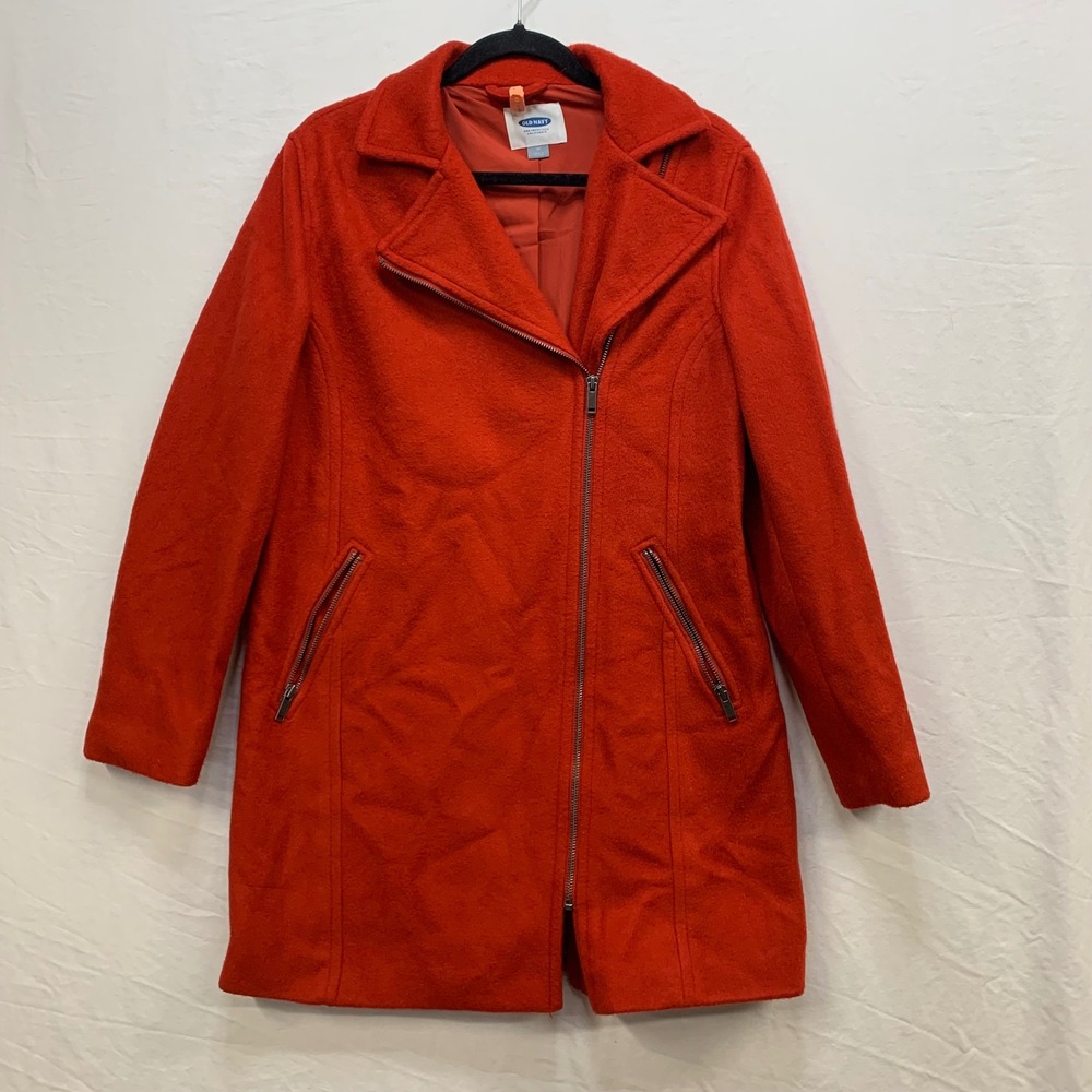 Old Navy Womens Orange Red Wool Blend Asymmetrical Zip Moto Coat Jacket Medium